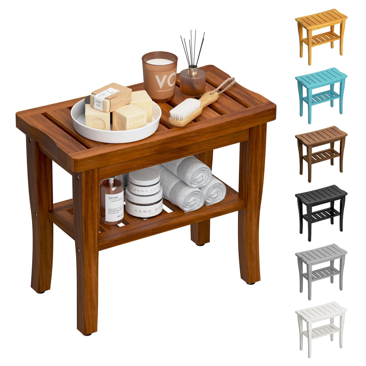 Teak Shower Bench Stool with Storage Shelf, Waterproof Shower Chair Spa Bath Seat, Shower Stool for Inside Shower, Bathroom Bench Seat for Adults Elderly Seniors for Indoor or Outdoor Use oridom