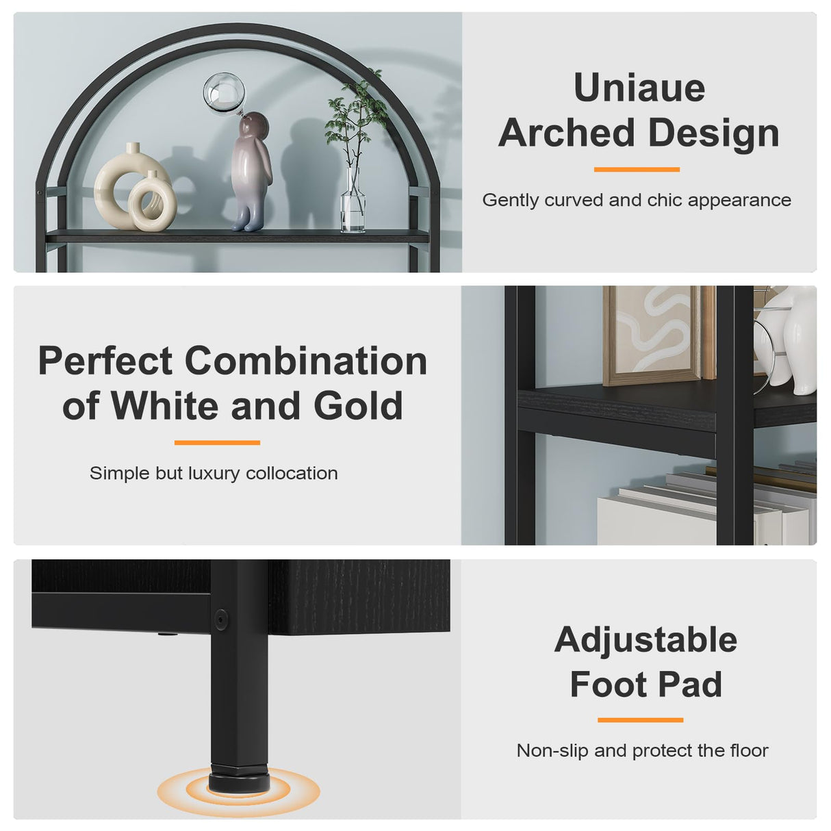 Jehiatek Arched Bookshelf, Bookcase with Doors Storage, 71 Inches Tall Industrial Book Shelf with Sturdy Metal Frame, E1 Quality Boards, Freestanding Display Shelving Unit, Black Jehiatek