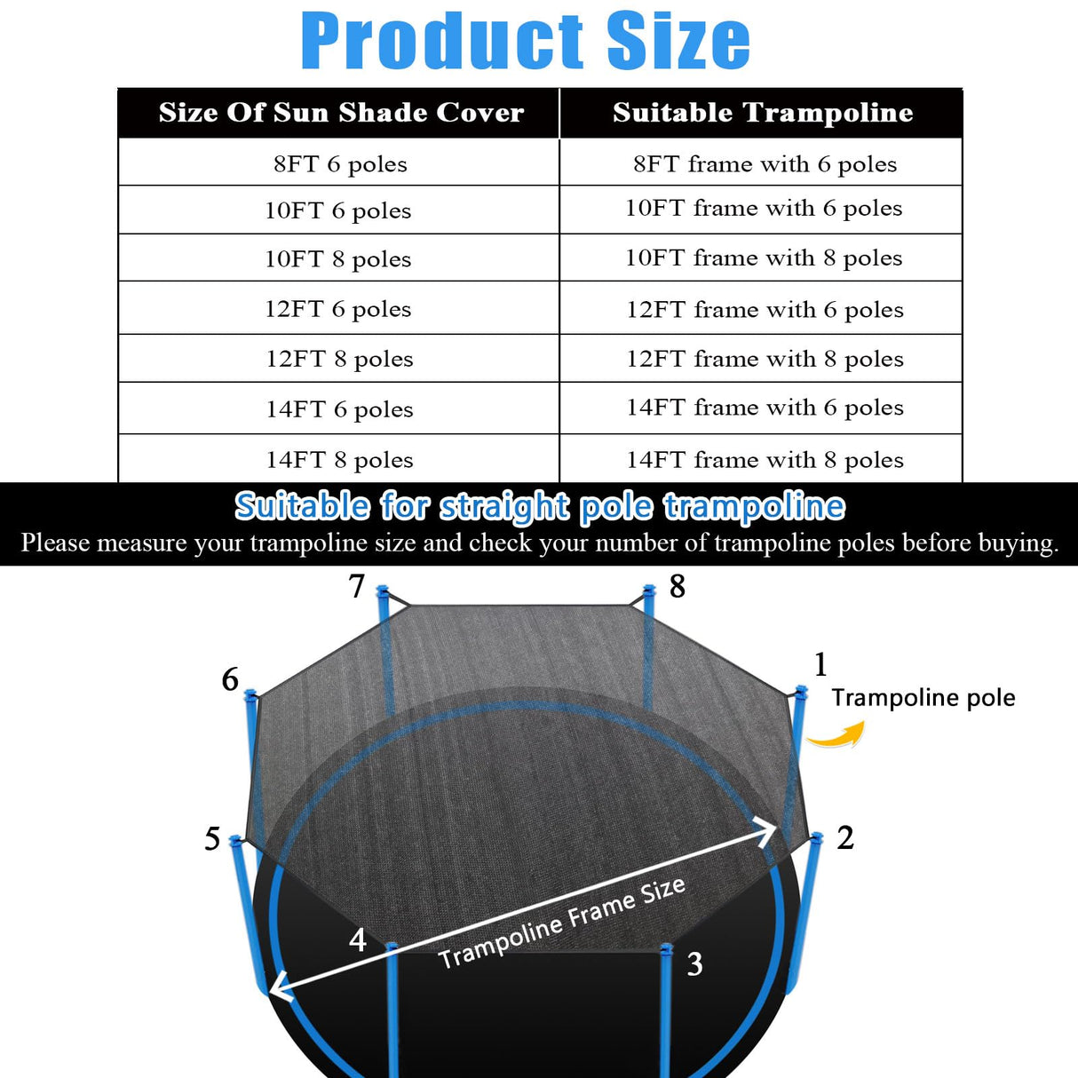 XATAMIO Trampoline Shade Cover,Outdoor Trampoline Cover 8ft 10ft 12ft 14ft 16ft Sun Protection Trampoline Sun Shade Cover,Easy to Install,for Backyard Playground(14FT 6 Poles) XATAMIO