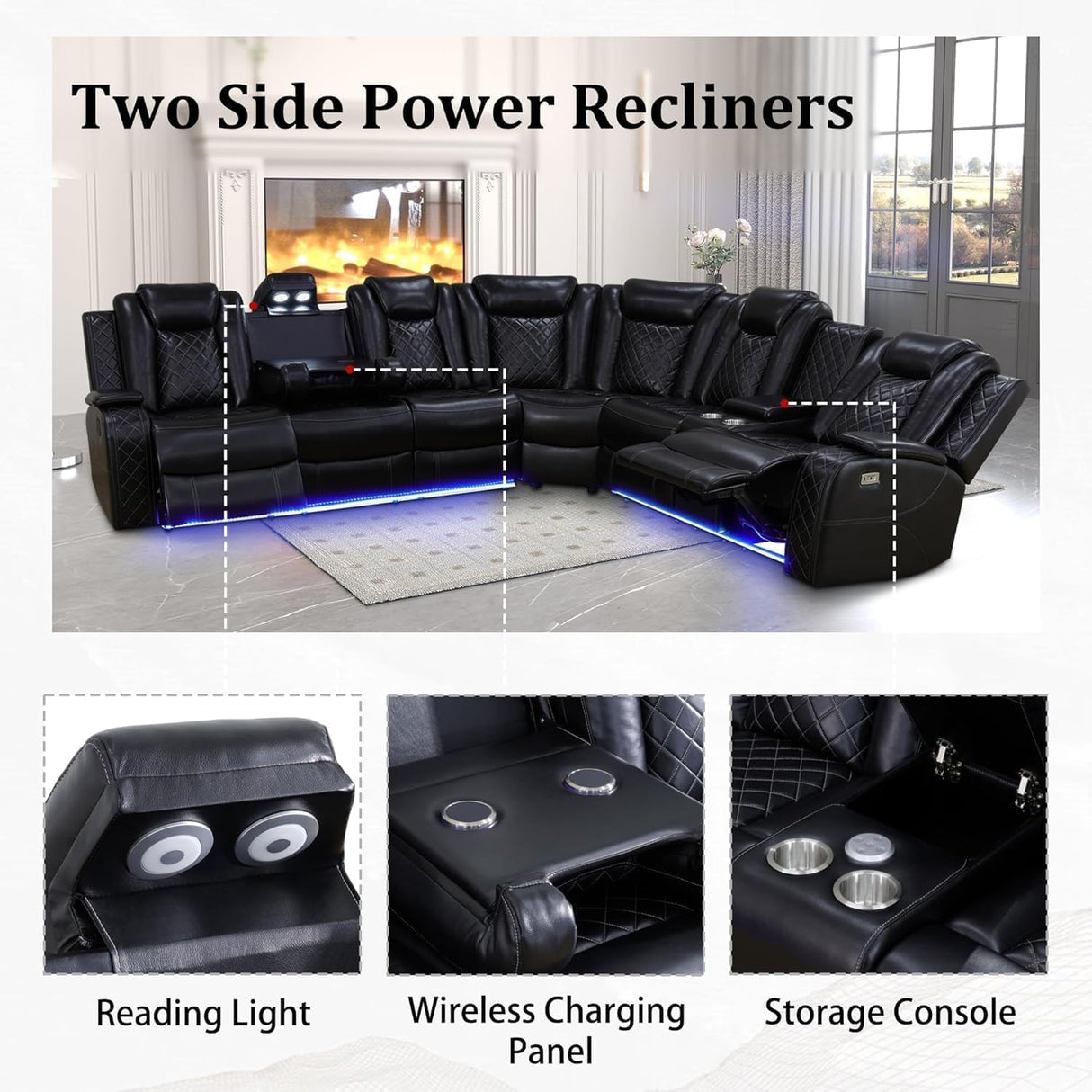 Power Recliner Sectional Sofa with LED Light, Breathing Leather Recliner Sofa Couch with Wireless Charger/Cup Holder for Living Room Home Office Theater (All Black) Pon Living Furniture Inc