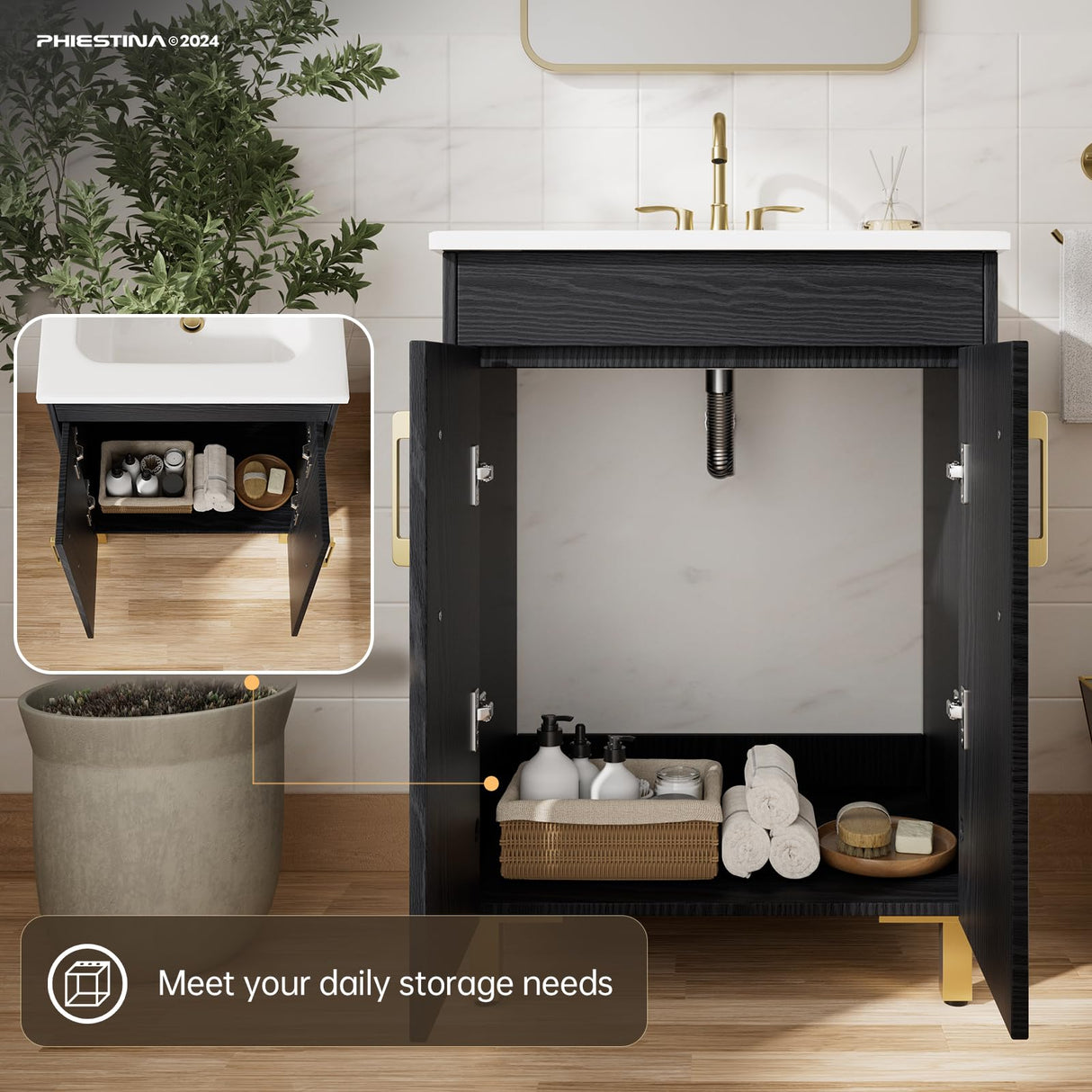 phiestina Fully Pre-Assembled Black 24 Inch Bathroom Vanity with Single Ceramic Countertop Sink Combo, 2 Soft Close Doors Bathroom Cabinet Set, Faucet Not Included,BV01-BLACK-JH phiestina