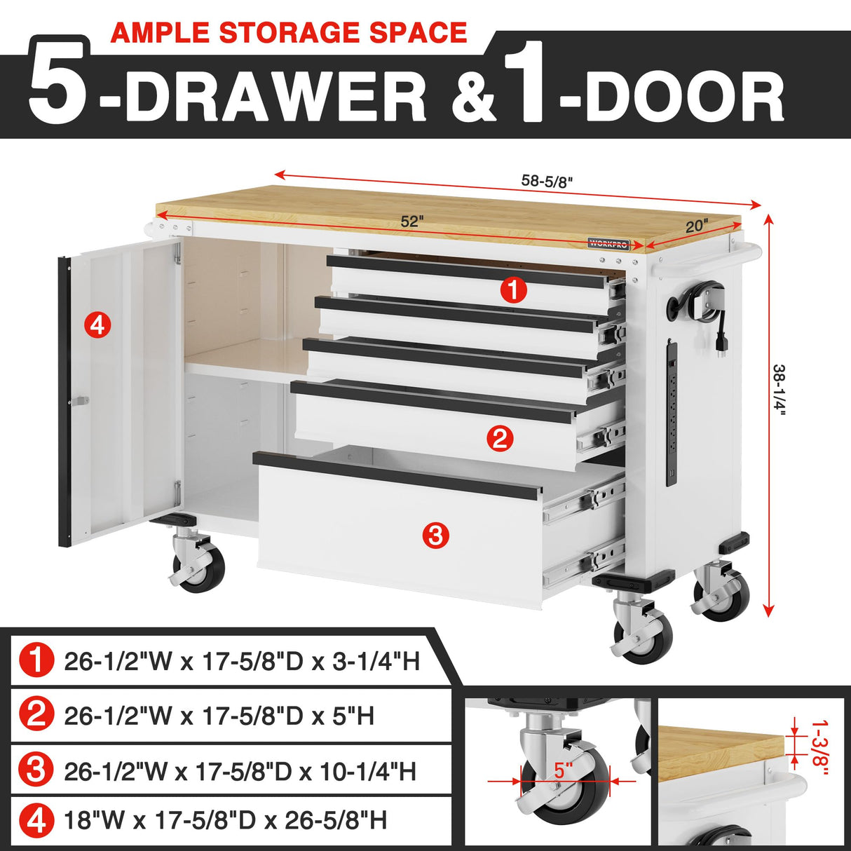 WORKPRO 52" x 20" 5-Drawer & 1-Door Rolling Tool Chest, Heavy Duty Tool Chest with Wheels, Power Strip, Locking System, Rolling Cabinet for Garage, Home & Kitchen, 1000 lbs Capacity WORKPRO
