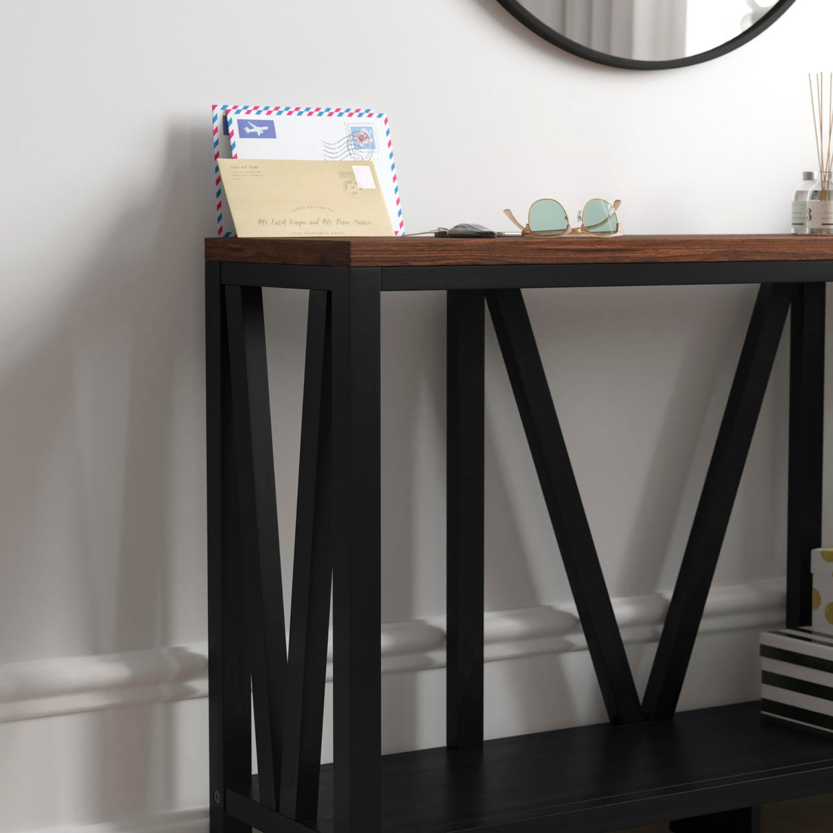 BizChair Farmhouse 2-Tier Console Table - Black Finish Engineered Wood Frame - Walnut Finish Tabletop - for Entryway or Living Room BizChair