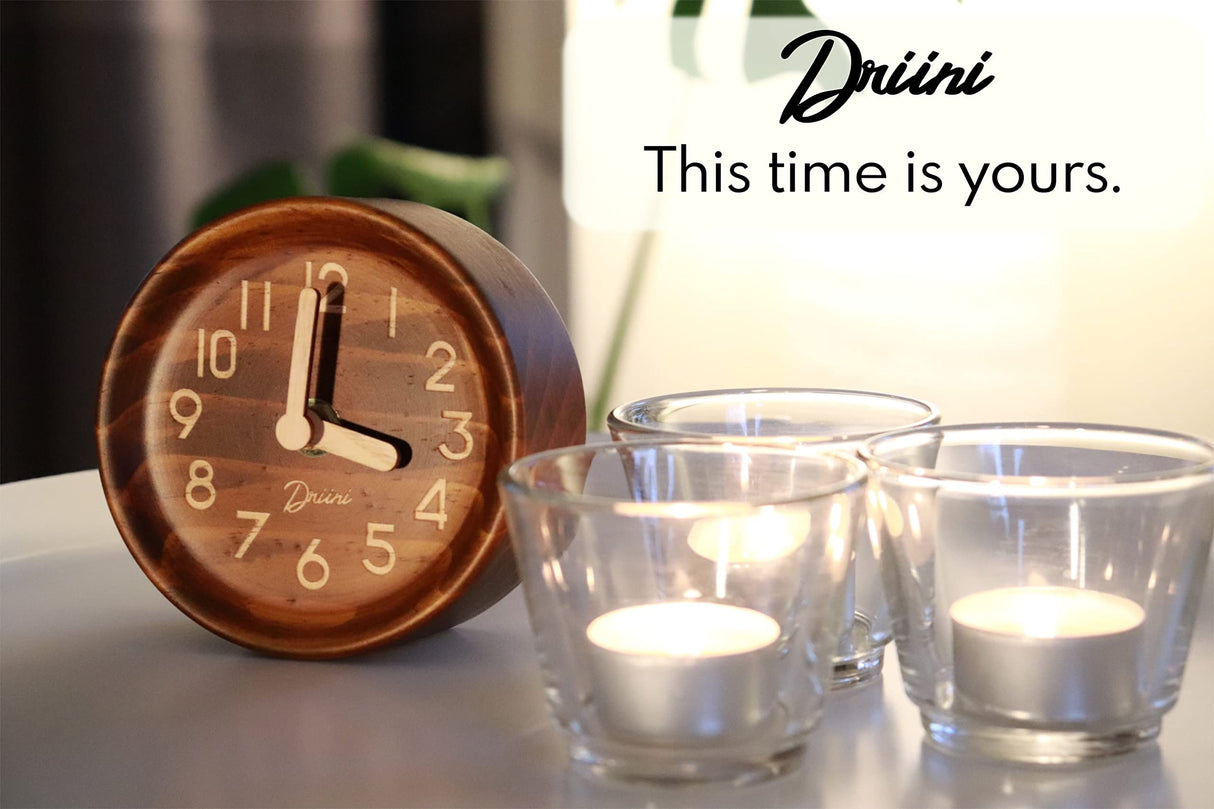 Driini Wooden Analog Desktop Clock – 4.3 in. Decorative Pinewood Clock, No-Tick Design – Easy to Read Silent Sweep Mantle Clock – Quiet Tabletop Clocks with Wood Body, Hands, & Battery Cover; Dark Driini