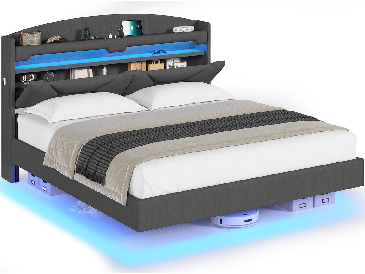 Modern ADORNEVE King Size Floating Bed Frame with USB-C Charging Station and LED Lights ADORNEVE