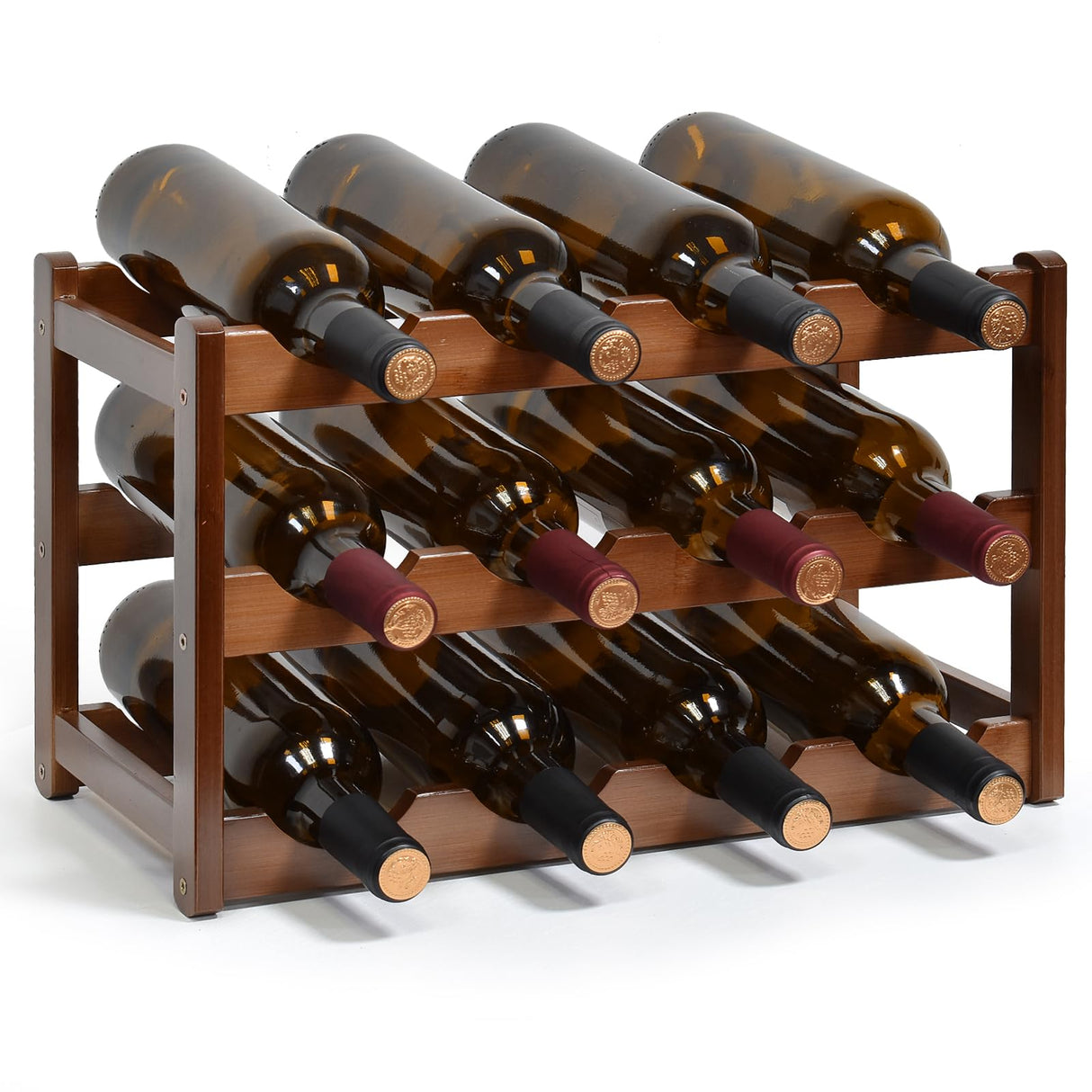 IWNTWY Wine Rack, 12 Bottles 3-Tier Free Standing Wine Racks, Bamboo Wine Rack Countertop Holder Storage Shelf for Kitchen Cabinet Dining Room Bar (Brown) IWNTWY