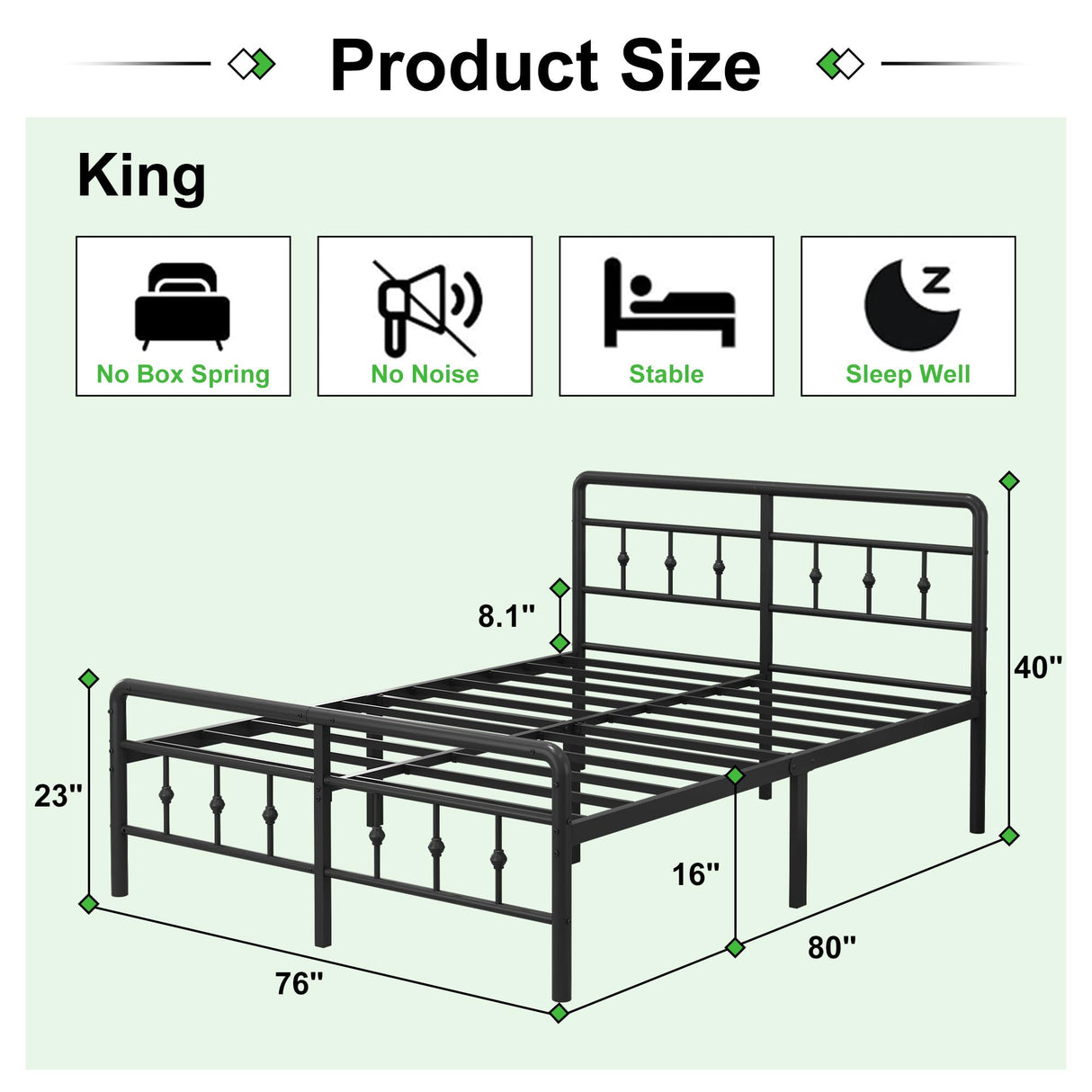 EMODA 16 Inch King Bed Frame with Headboard and Footboard, Heavy Duty King Size Metal Bed Frame, No Box Spring Needed, Easy Assembly EMODA