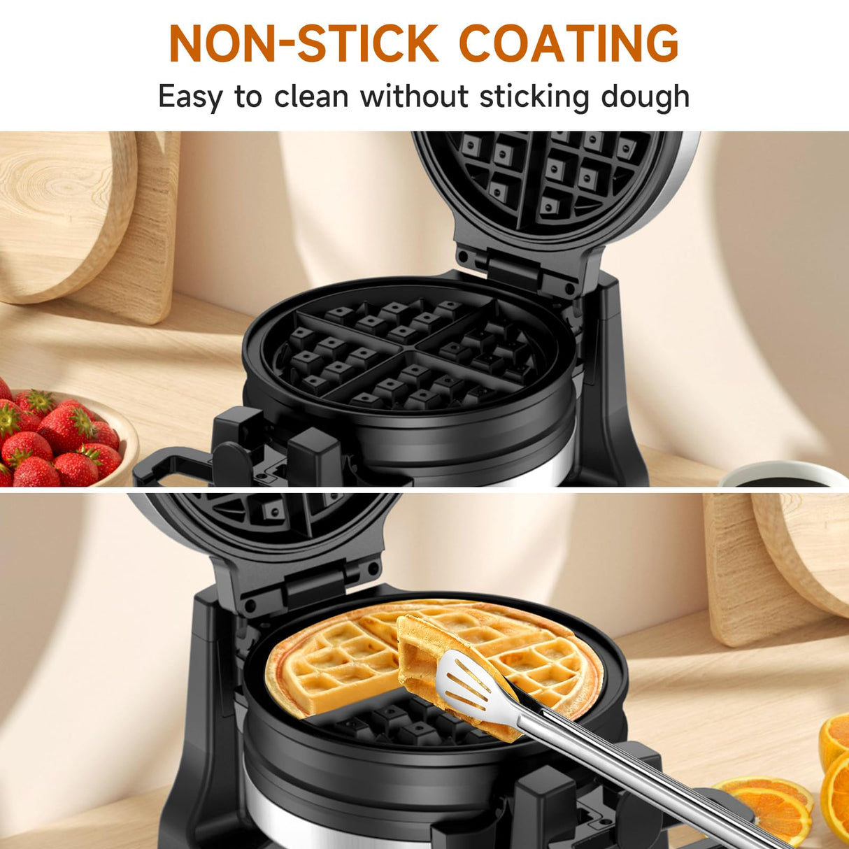 Waffle Maker, Double Belgian Waffle Maker 180°Flip, 1400W Waffle Iron 8 Slices, Rotating & Nonstick Plates with Removable Drip Tray for Easy Clean, Stainless Steel, Locking Buckle & Cool Touch Handle Greeze