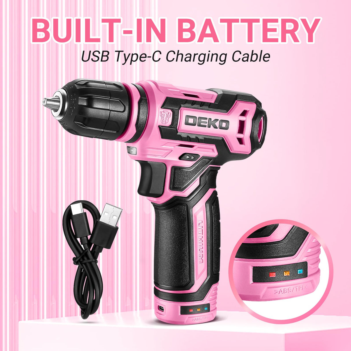 Cordless Drill:DEKOPRO 12V Power Drill Set with Pink Electric Drill with Tool Set Gift Box, Pink Drill Set for Women DEKOPRO