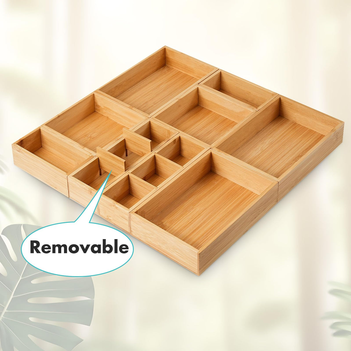 Fabsome Drawer Organizer, Set of 9 Bamboo Wood Kitchen Makeup Desk Junk Tea Drawer Storage Boxes Bins for Cutlery Silverware Utensils Flatware, Small Wooden Container Tray for Bathroom, Office Fabsome