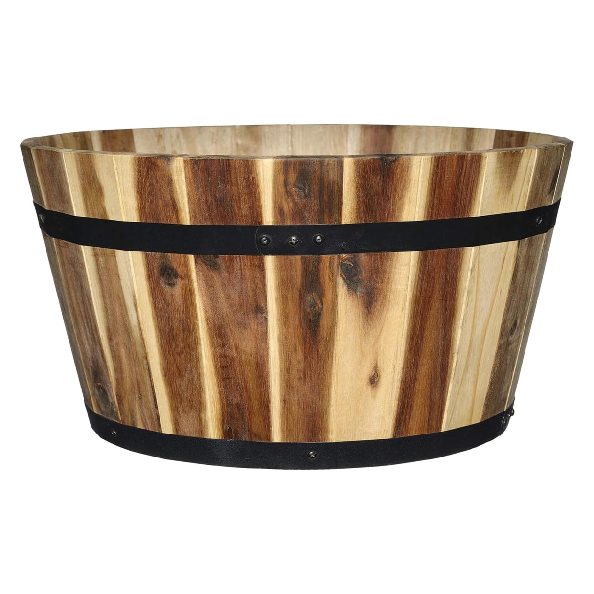 Classic Home and Garden Acacia Wood Whiskey Barrel Planter with Black Metal Band, 21in D x 12.5in H Classic Home & Garden