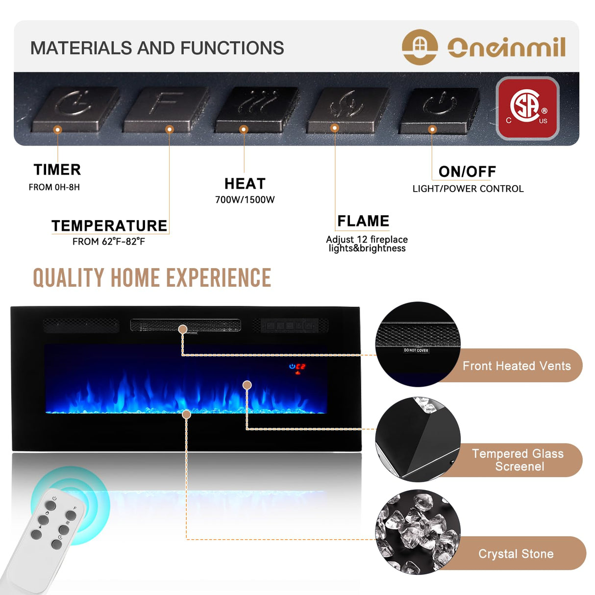 oneinmil 70" Fireplace TV Stand for TVs Up to 80", Electric Fireplace Entertainment Center with LED Lights & Storage Cabinets, Media Console Table for Living Room, Black oneinmil
