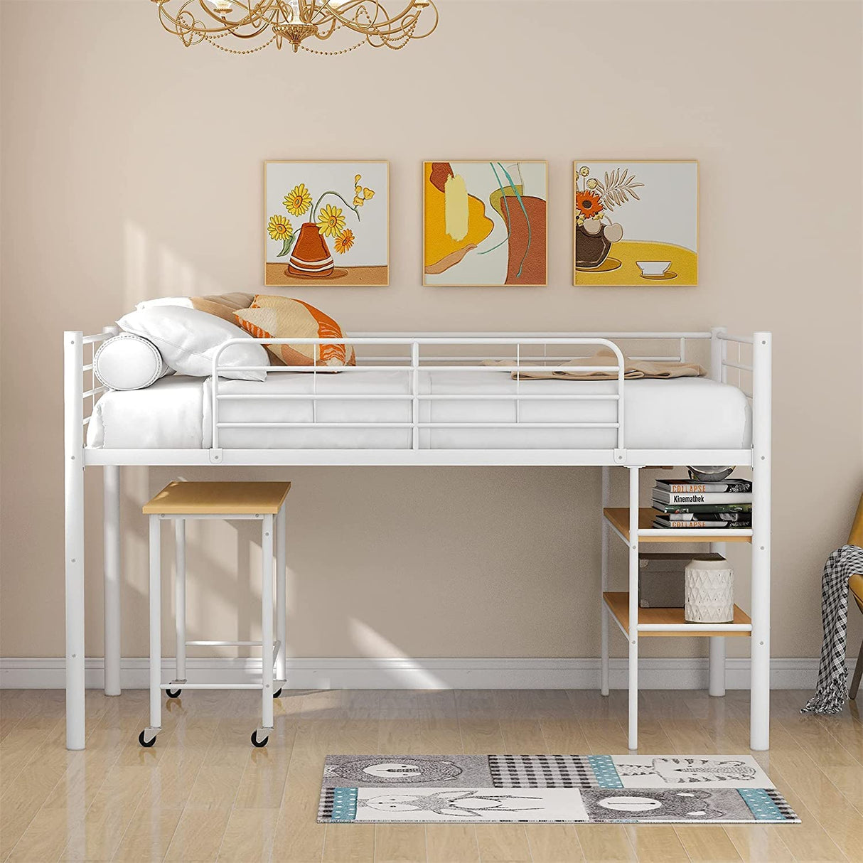 Harper & Bright Designs Low Loft Bed with Desk, Twin Size Metal Loft Bed Frame with Storage Shelves for Kids (Twin Size, White) Harper & Bright Designs