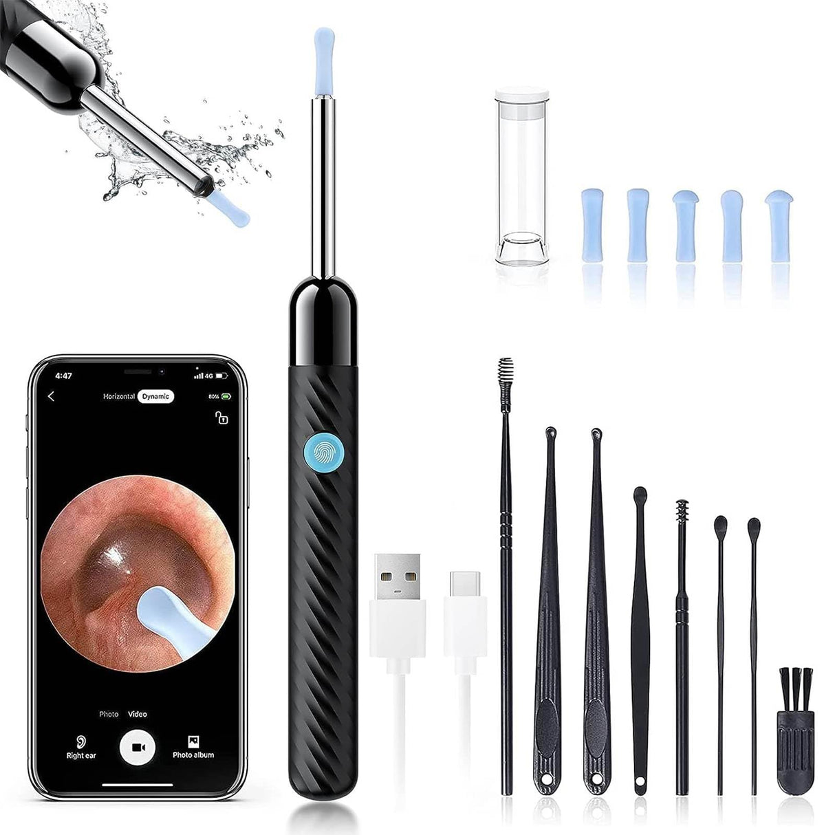 Ear Wax Removal - Earwax Remover Tool with 8 Pcs Ear Set - Ear Cleaner with Camera - Earwax Removal Kit with Light - Ear Camera with 6 Ear Spoon - Ear Cleaner for iOS & Android (Black) LEIPUT