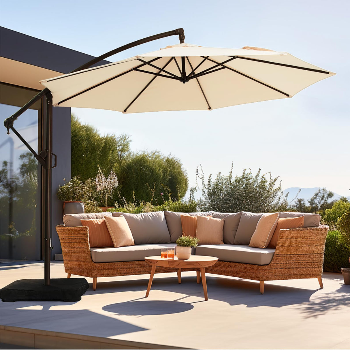 wikiwiki 10ft Patio Umbrella with Base Included, Outdoor Offset Cantilever Umbrella, Infinite Tilt, Crank and Cross Base, Beige wikiwiki