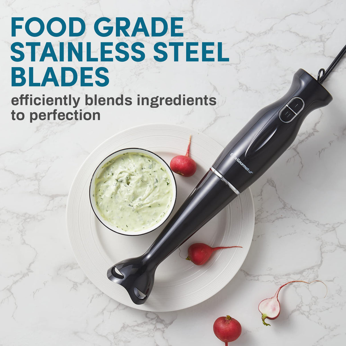 Elite Gourmet EHB3201 Immersion Hand Blender 300 Watts 2 Speed Mixing with Detachable Blades, Detachable Wand Stick Mixer, Smoothies, Baby Food, Soup, Charcoal Black Elite Gourmet