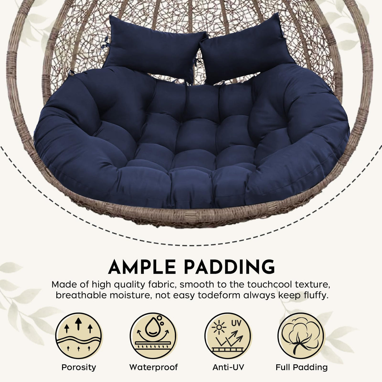 boyspringg Patio Double Egg Chair Cushion Replacement 55x35in Thickened Memory Foam Large Double Egg Swing Chair Cushions Hanging Basket Chair Cushion(Blue) boyspringg