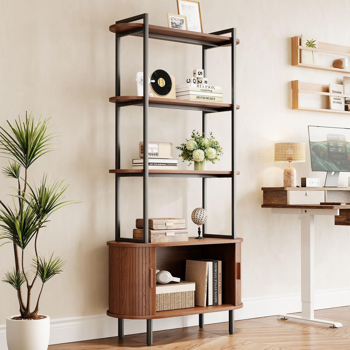 71" Tall Fluted Bookshelf with Sliding Tambour Doors, 4-Tier Mid Century Modern Metal Bookcase Cabinet w/Open Display Storage Shelf, Display Cabinet for Office, Living Room Walnut ComfyCorner