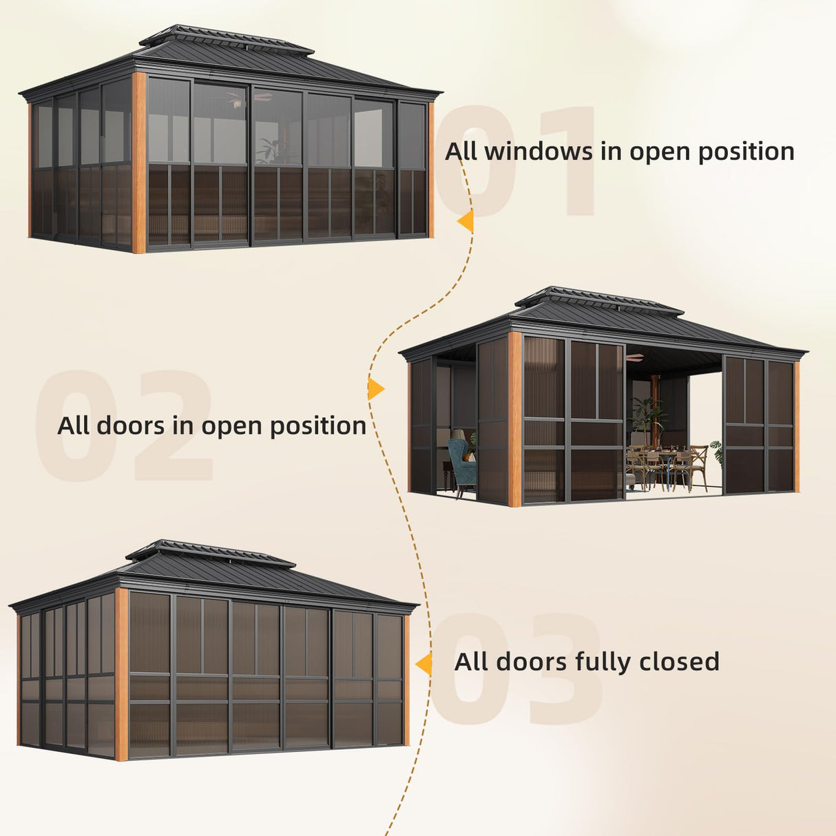 EROMMY 12'*16' Sunroom, with Front Door, Side Entrance, Galvanized Steel Double Top, Wood Grain Appearance, Aluminum Alloy Frame, Solarium Backyard Sun Room EROMMY