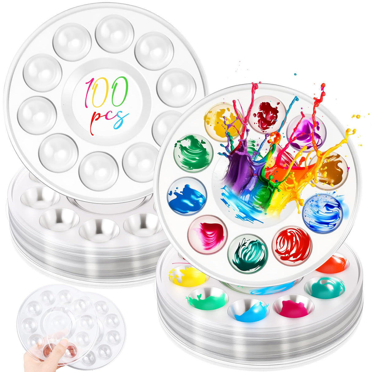 AmazingSpark 100 Pcs Paint Tray Palettes 5.5 in Clear Disposable Round Plastic Paint Palette Watercolor Craft Supplies for Art Class, Halloween Painting Party, DIY Craft, Birthday Party AmazingSpark