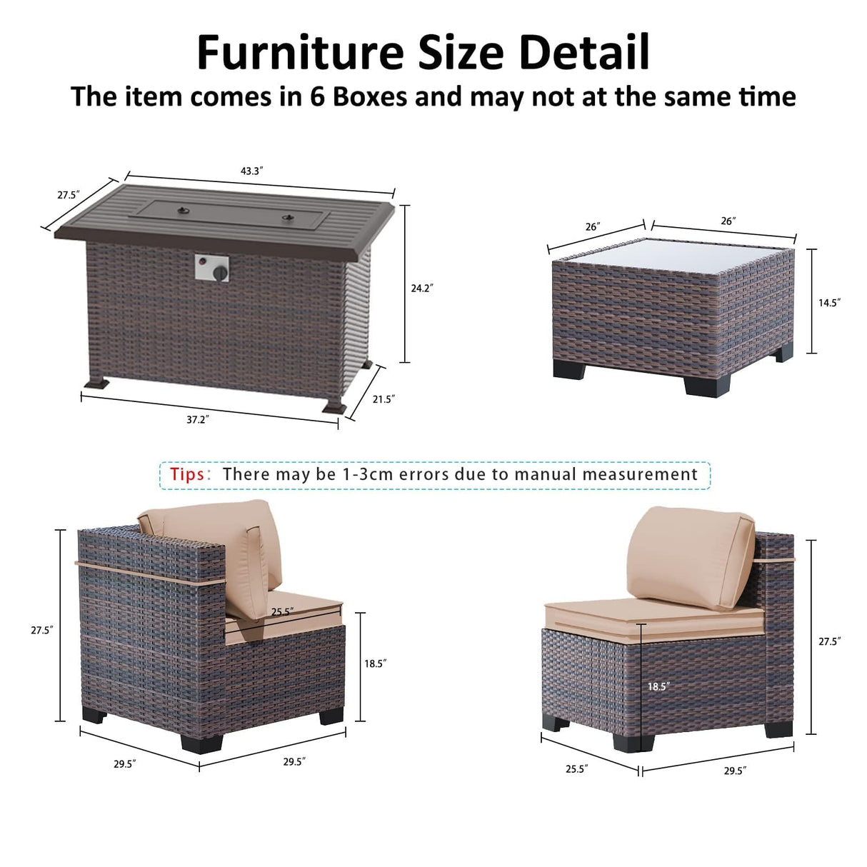 ASJMR Outdoor Patio Furniture Set with Fire Pit Table, 10 Pieces Outdoor Furniture Set Patio Sectional Sofa w/43in Propane Fire Pit, PE Wicker Rattan Patio Conversation Sets - Brown ASJMR