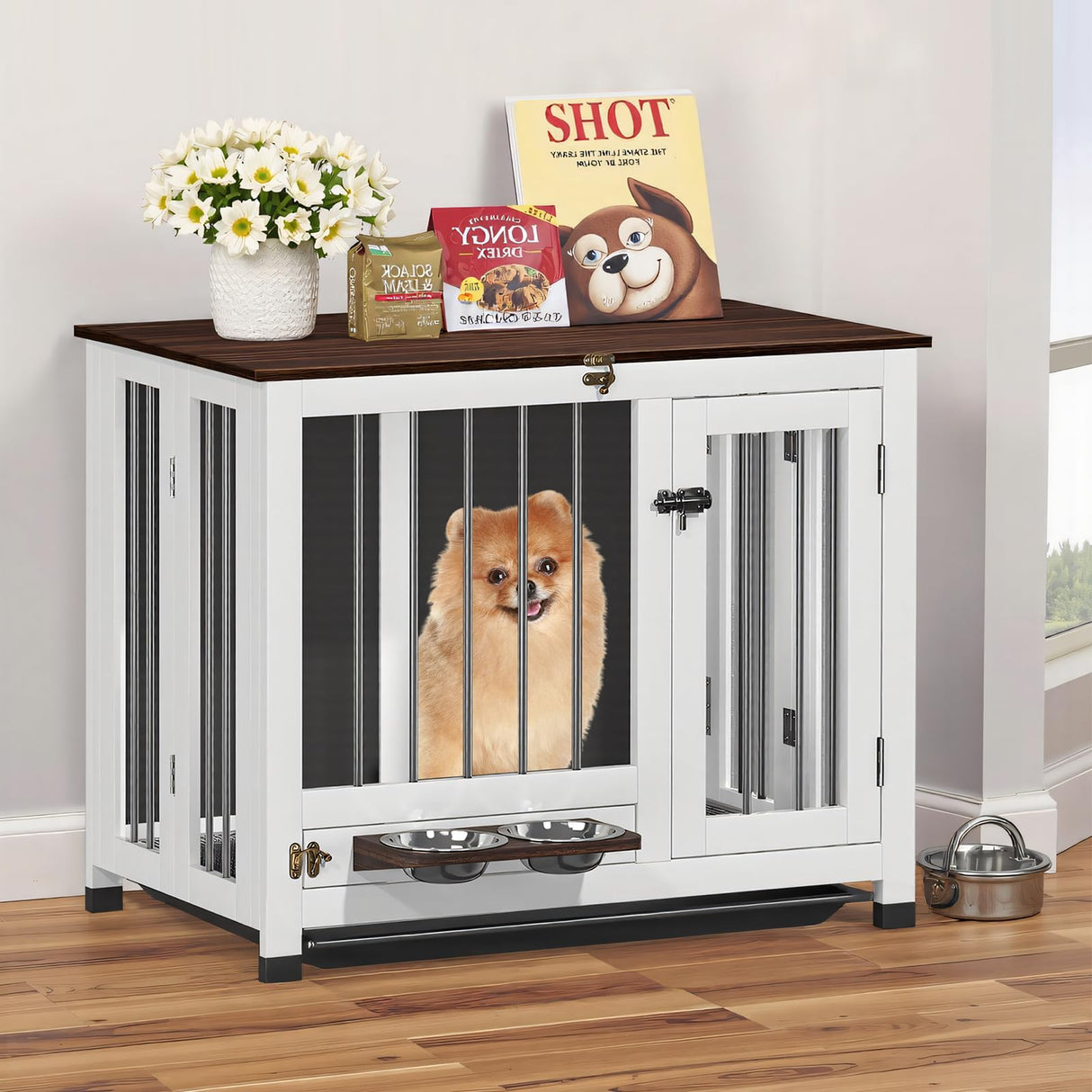 31.5" Dog Crate Furniture - Indoor Wooden Kennel with 360° Rotating Feeder | Multi-Functional End Table for Small & Medium Dogs | Portable Pet Cage with Removable Tray & Easy Assembly LotaTools