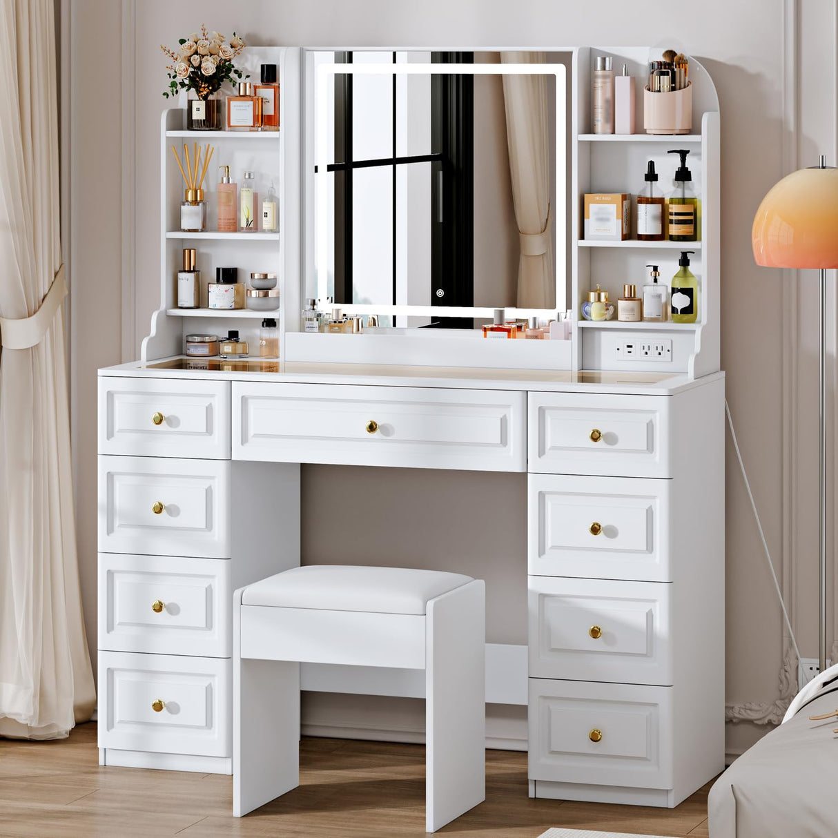 Arulvmrn 42" Makeup Vanity Desk with Mirror and Lights, & Power Outl, Glass Top Big Vanity Table with 9 Drawers& 8 Storage Shelves, Dressing Table Set with Chair for Bedroom, White Arulvmrn