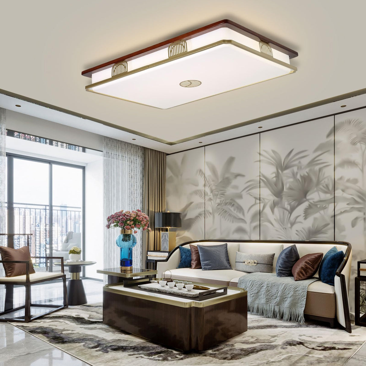 Dimmable Modern LED Ceiling Light, 38'' Large Rectangular Ceiling Lamps with Remote Control, Wood Flush 3000K-6000K Mount Light Fixtures for Living Room Dining Room Bedroom kangten