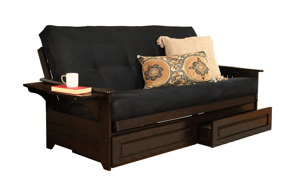 Phoenix Full Size Futon Couch with Espresso Finish with Suede Black Mattress Included - Wooden Frame - Solid Hardwood Construction Kodiak Furniture