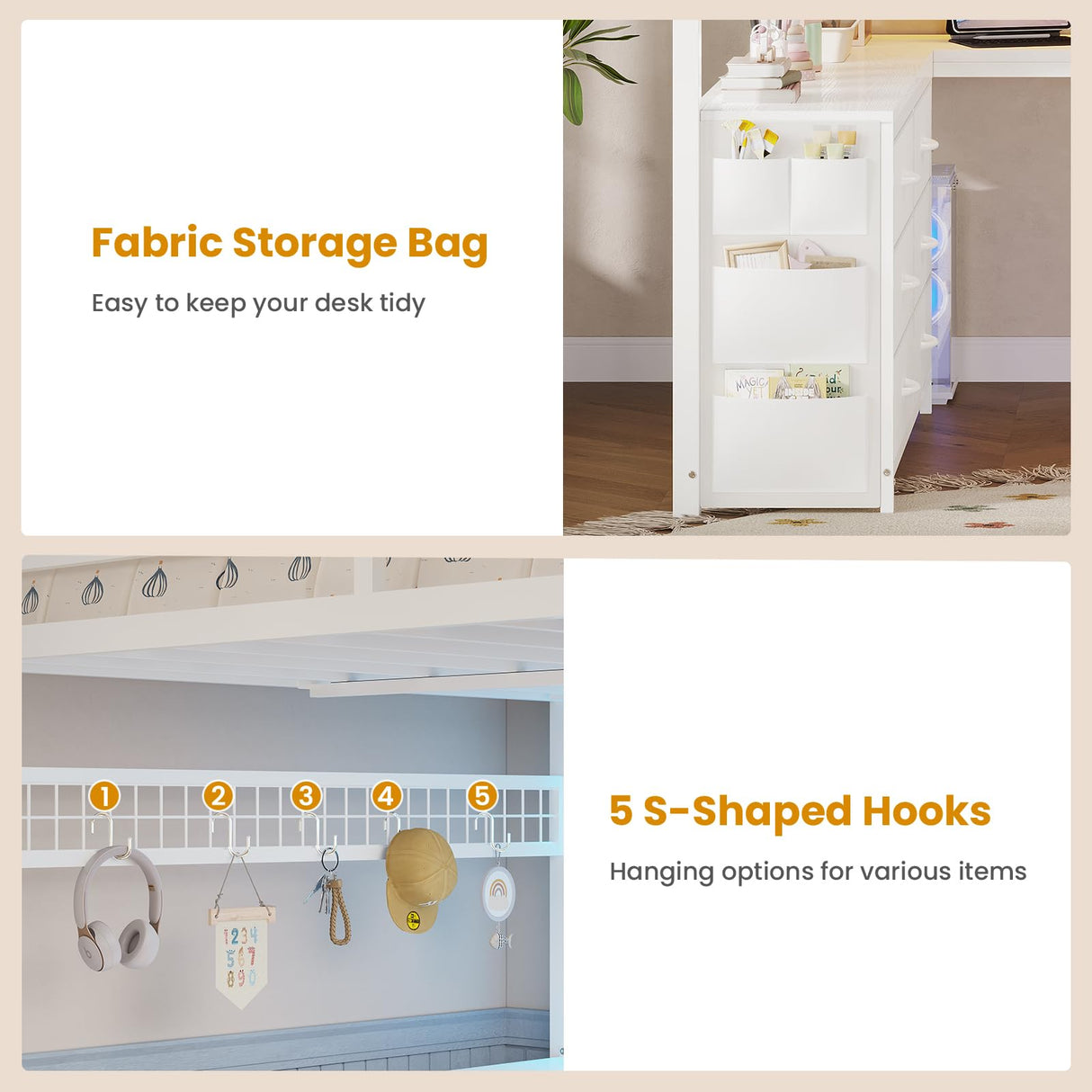 ADORNEVE Loft Bed Full Size with U-Shaped Desk, 6 Storage Drawers, Power Outlet, LED Metal Loft Bed with 2 Storage Shelves, Bed with Safety Guardrail & Ladders,Space-Saving,White ADORNEVE