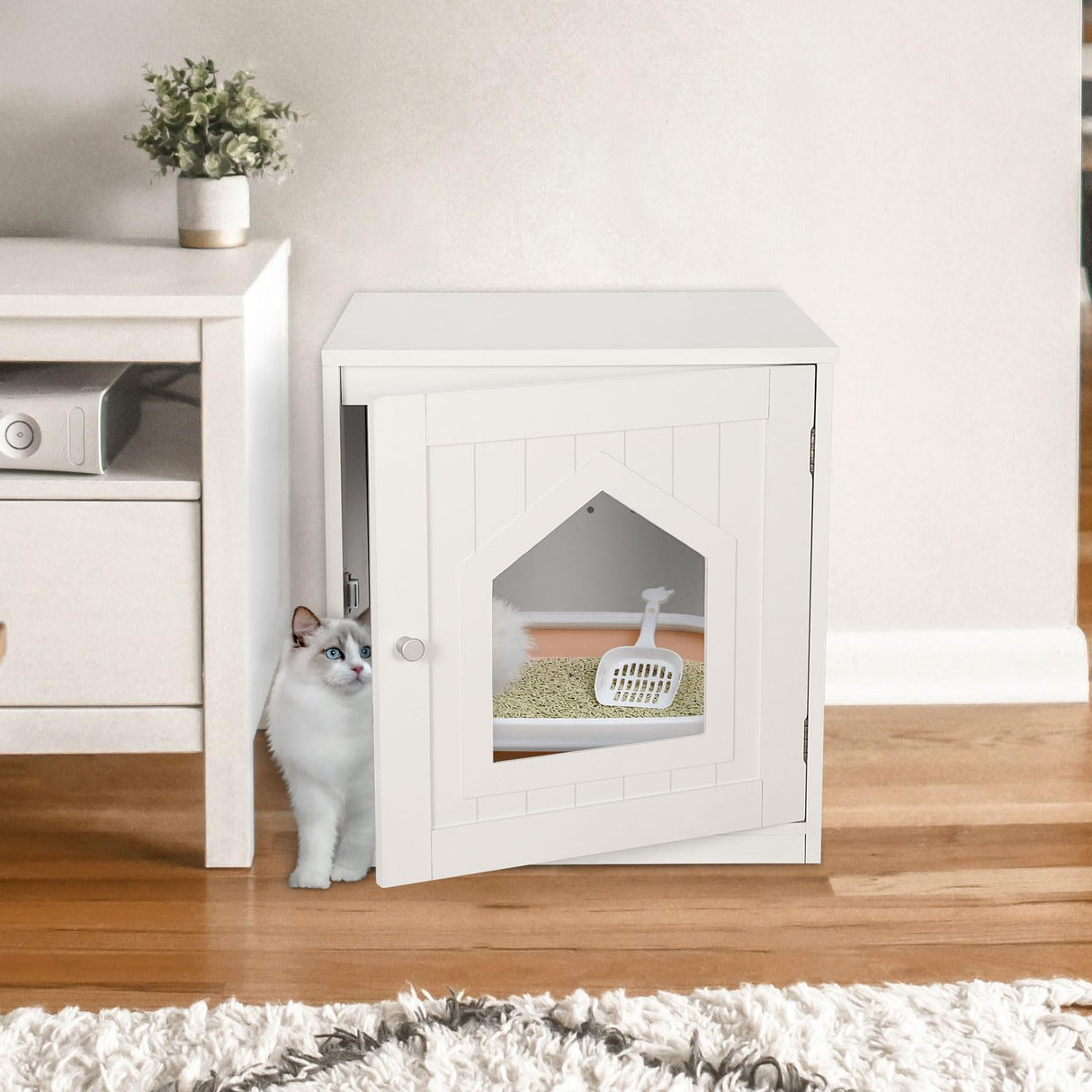 ZENY Cat House & Side Table, Pet Cat Litter Box Enclosure with Vent Holes, Wooden Enclosed Cat Washroom, White ZENY