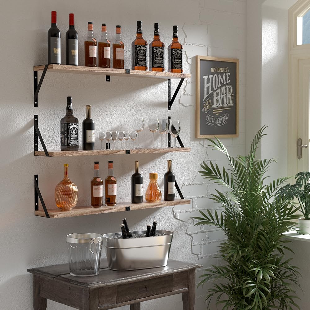 Floating Book Shelves Set of 3, Wall Bookshelf, 33 inch Long Wood Shelf for Wall Storage, Hanging Shelving for Bedroom, Bathroom, Living Room, Kitchen, Office and Plants (Carbonized Black) Senyh