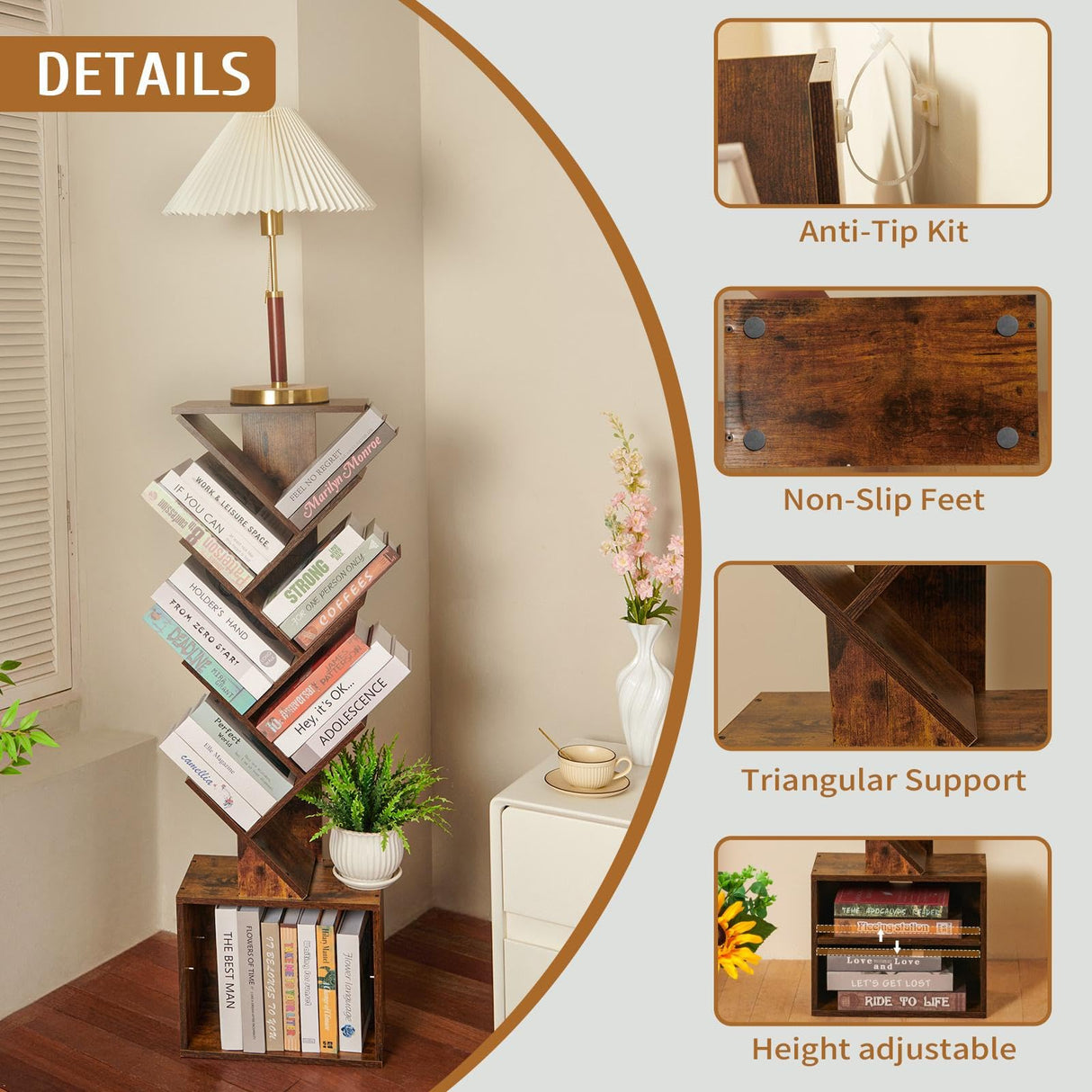 7 Tier Tree Book shelf, Small Bookcase with Reading Planner and Activity Panel, Modern Floor Standing Corner Tall Narrow Storage Cabinet Bookshelves for Home Office Bedroom Living Room (Rustic Brown) FredCache