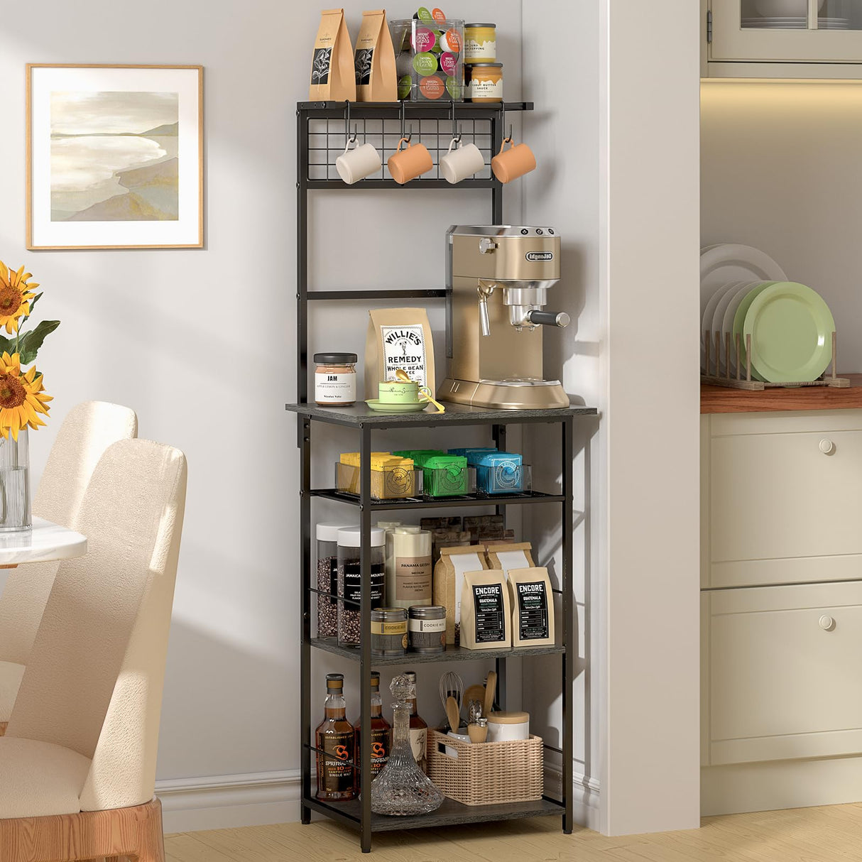 5 Tier Coffee Bar Station, Coffee Stand Station with 4 S-Shaped Hooks, Farmhouse Corner Coffee Bar for Small Spaces, Bakers Rack for Kitchen, Entryway, Living Room, 13.43"D x 18.93"W x 53.31"H,Gray DAOUTIME