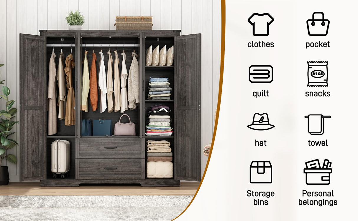 Hlivelood 4 Doors Wardrobe Armoire Closet with Doors and Drawers, Farmhouse Wooden Armoire Storage Cabinet with Shelves & Hanging Rod for Bedroom, Grey Hlivelood