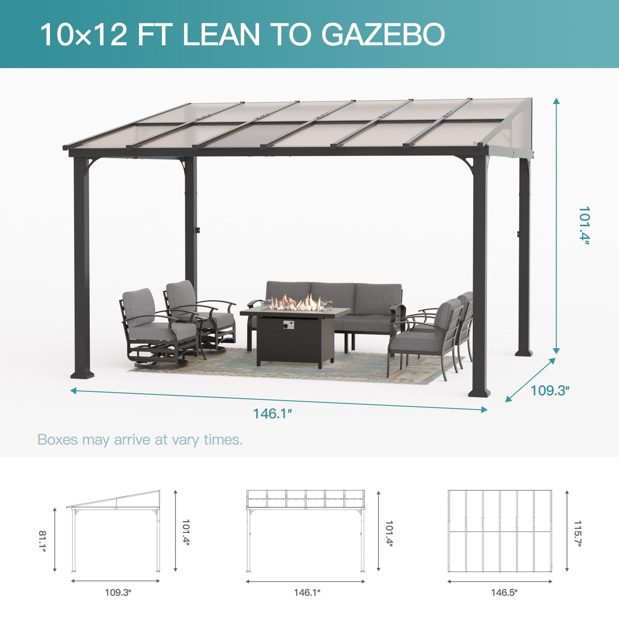 Halmuz 10x12ft Large Lean to Gazebo with Curtains & Netting,Wall Mounted Gazebo with Hard Top & Double Curtains,Metal Frame Garden Tent Suitable for Patio,Yards, Deck,Lawn, Garden,Grass-sand Halmuz