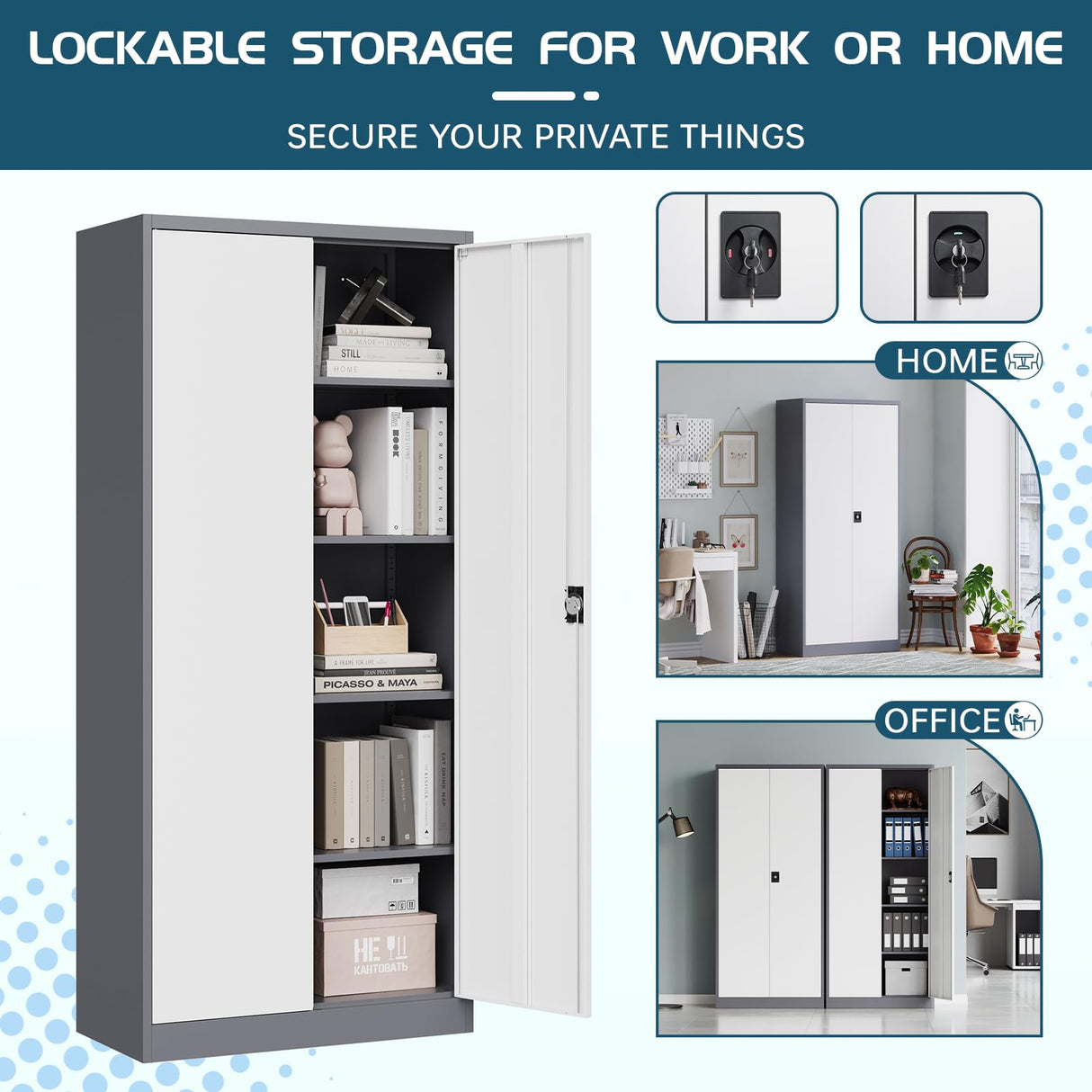 MIIIKO Home Office Storage Cabinet with Shelves and Doors, Metal Utility Cabinets with 2 Locking Doors and 5 Shelves, Tall Steel Locker Cabinets or Garage, Kithen, Pantry and Classroom MIIIKO
