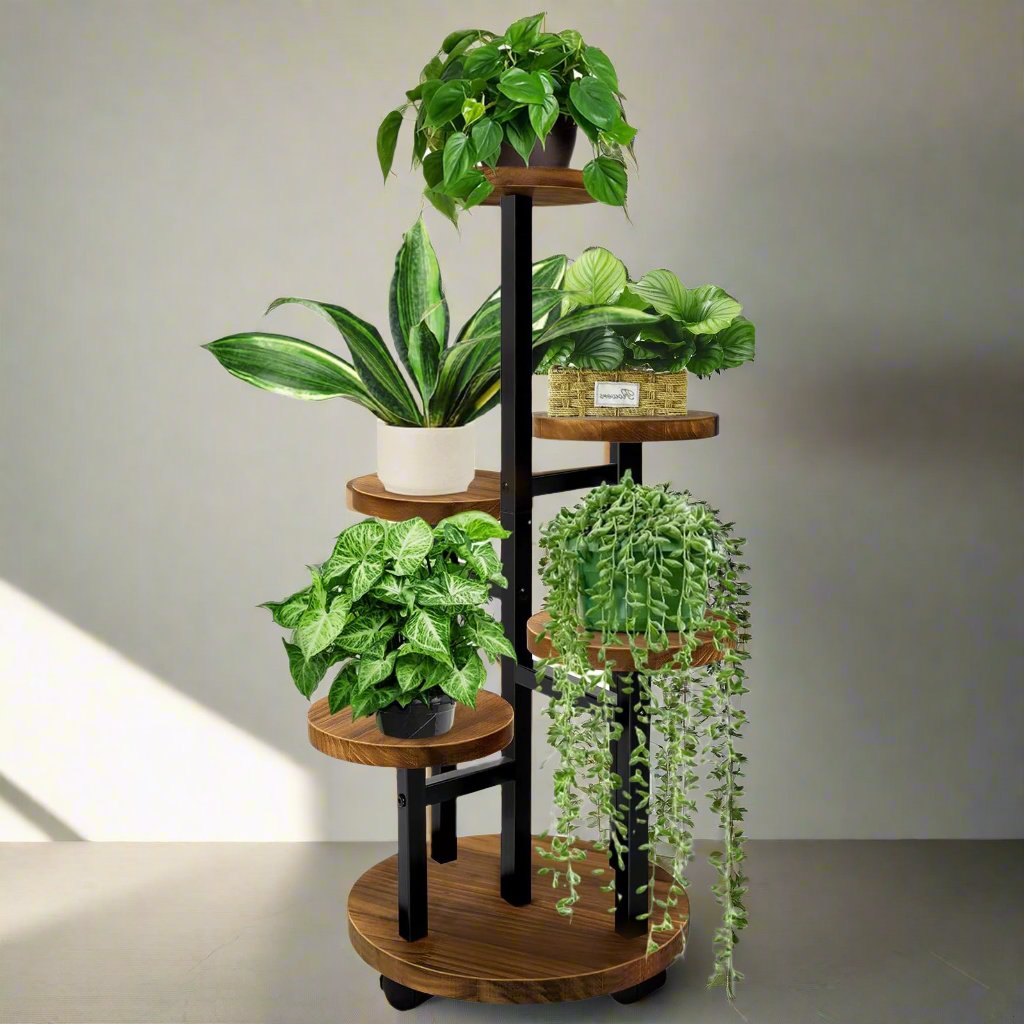 GEEBOBO 5 Tier Plant Stand With 4 Wheels, Metal Wood Tall Plant Stands For Indoor Plants Multiple, Corner Tiered Flower Plants Shelf Stand for Living Room Bedroom, Brown GEEBOBO