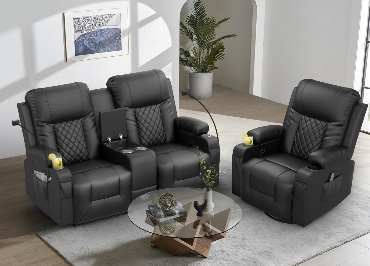 YONISEE Living Room Furniture Set, Loveseat Recliner 2 Seater and 360° Swivel Recliner Chair with Massage, Luxury Reclining Sofa 2PC Set for Living Room (2+1) YONISEE