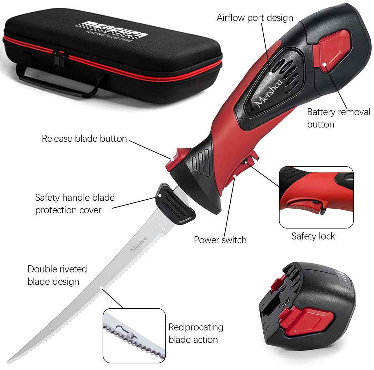 Mershca Cordless Electric Fillet Knife, with 5 Ti-Nitride S.S. Coated Non-Stick Reciprocating Blades & Cooling Hole Non-Slip Grip Handle & Practical handbag, Rechargeable Electric Knife for Fishing Mershca