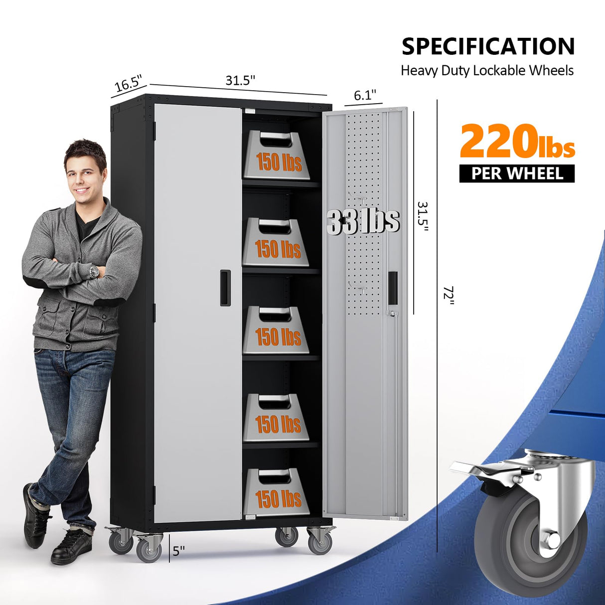 VINGLI 72'' Tall Garage Storage Cabinet, Metal Storage Cabinet with Pegboards, Wheels, Locking Doors and Adjustable Shelves (Black & Silver, 32''W x 16''D x 72''H) VINGLI