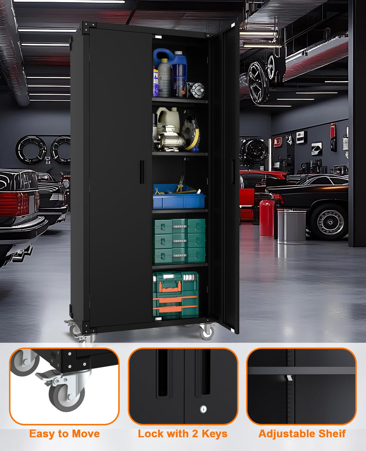 GarveeHome Metal Storage Cabinet 72" H with Wheels, Steel Tool Cabinet with Lock and 4 Adjustable Shelves and Lockable Rolling,Storage Organization for Home,Garage,Office GarveeHome