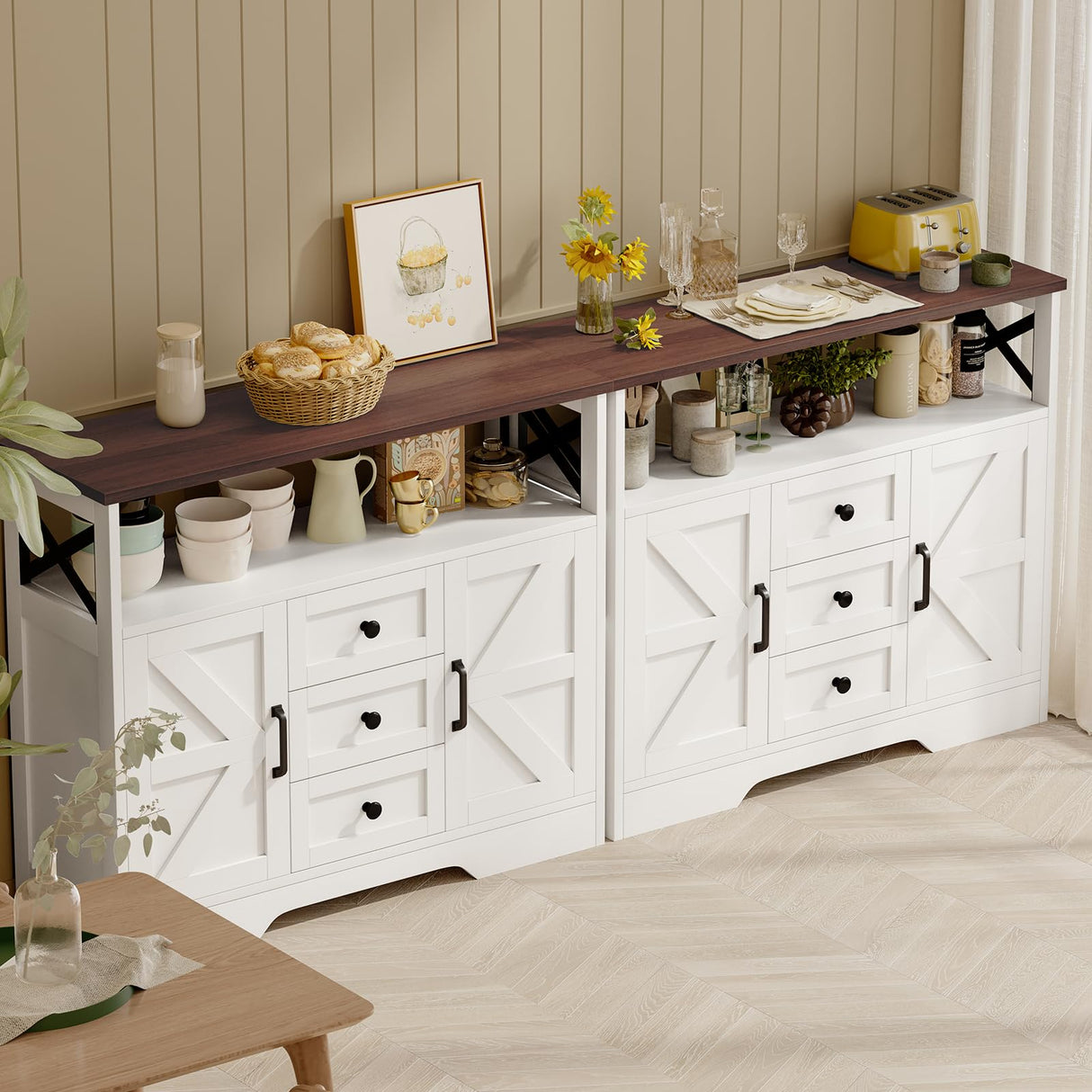 YGEOMER Buffet Cabinet Sideboard Farmhouse Coffee Bar with 3 Drawers and 2 Doors, Wood Kitchen Table Wine Bar Storage Cabinet for Dining Room YGEOMER