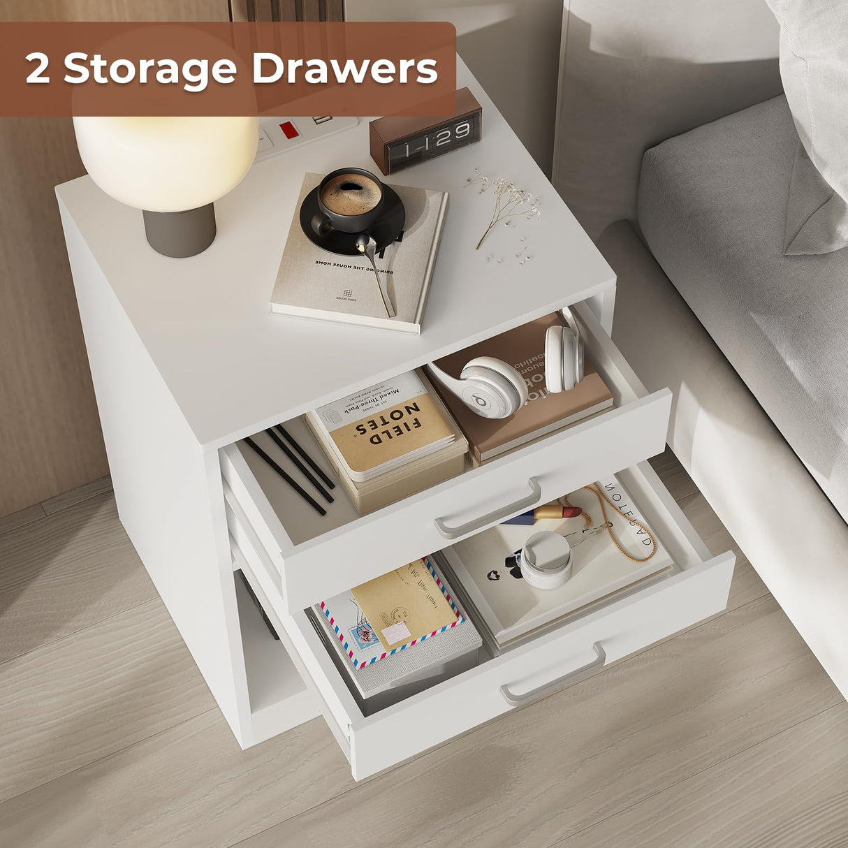 ADORNEVE Nightstands Set of 2,White Night Stand with Charging Station & Drawers,Night Stands for Bedrooms 2 ADORNEVE
