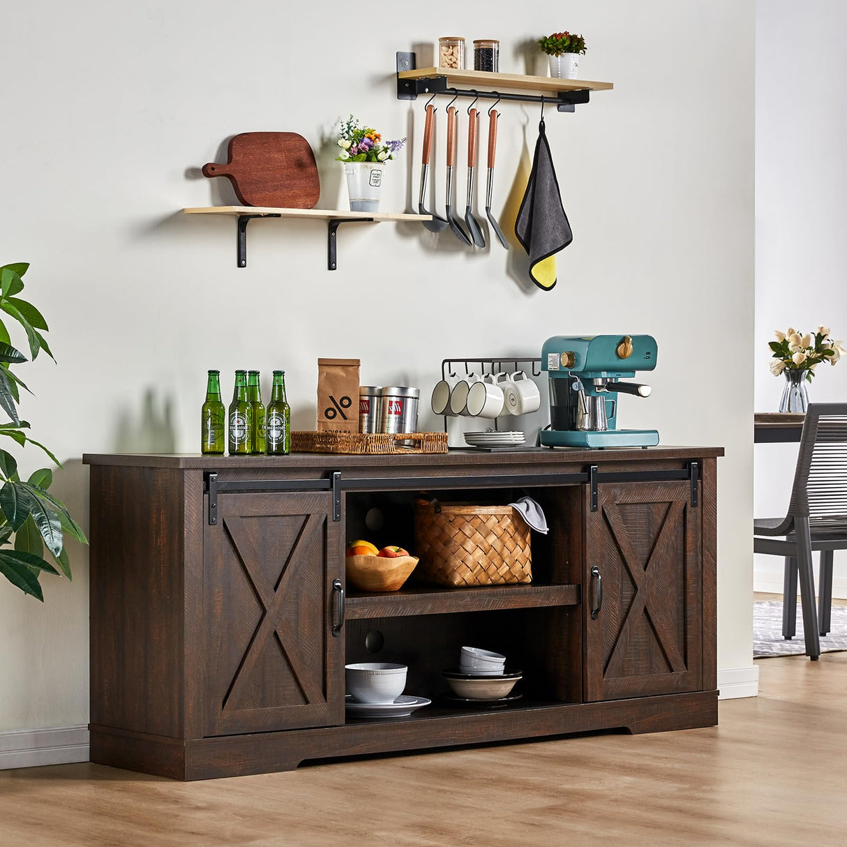 AMERLIFE 66" Farmhouse TV Stand for 75 Inches TVs, Entertainment Center with Sliding Barn Door and Adjustable Shelf & Feet, Console Table with Storage, Reclaimed Barnwood AMERLIFE