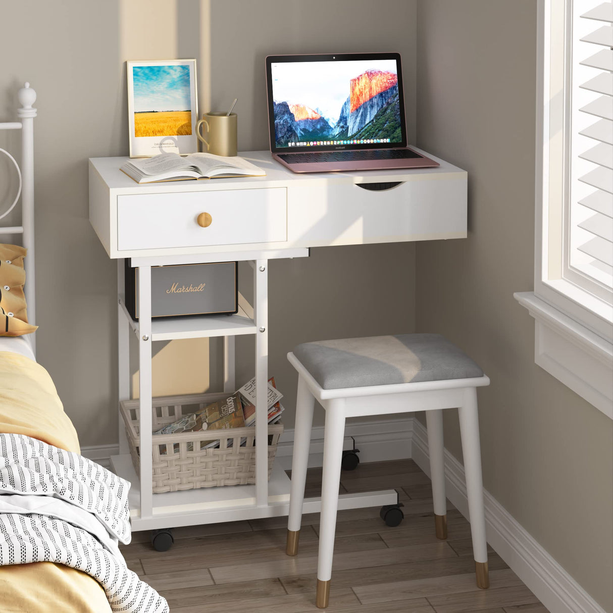 Elephance Moveable Vanity Desk with Mirror for Small Spaces, Makeup Dressing Table Computer Desk with Drawers and Shelves for Bedroom Elephance