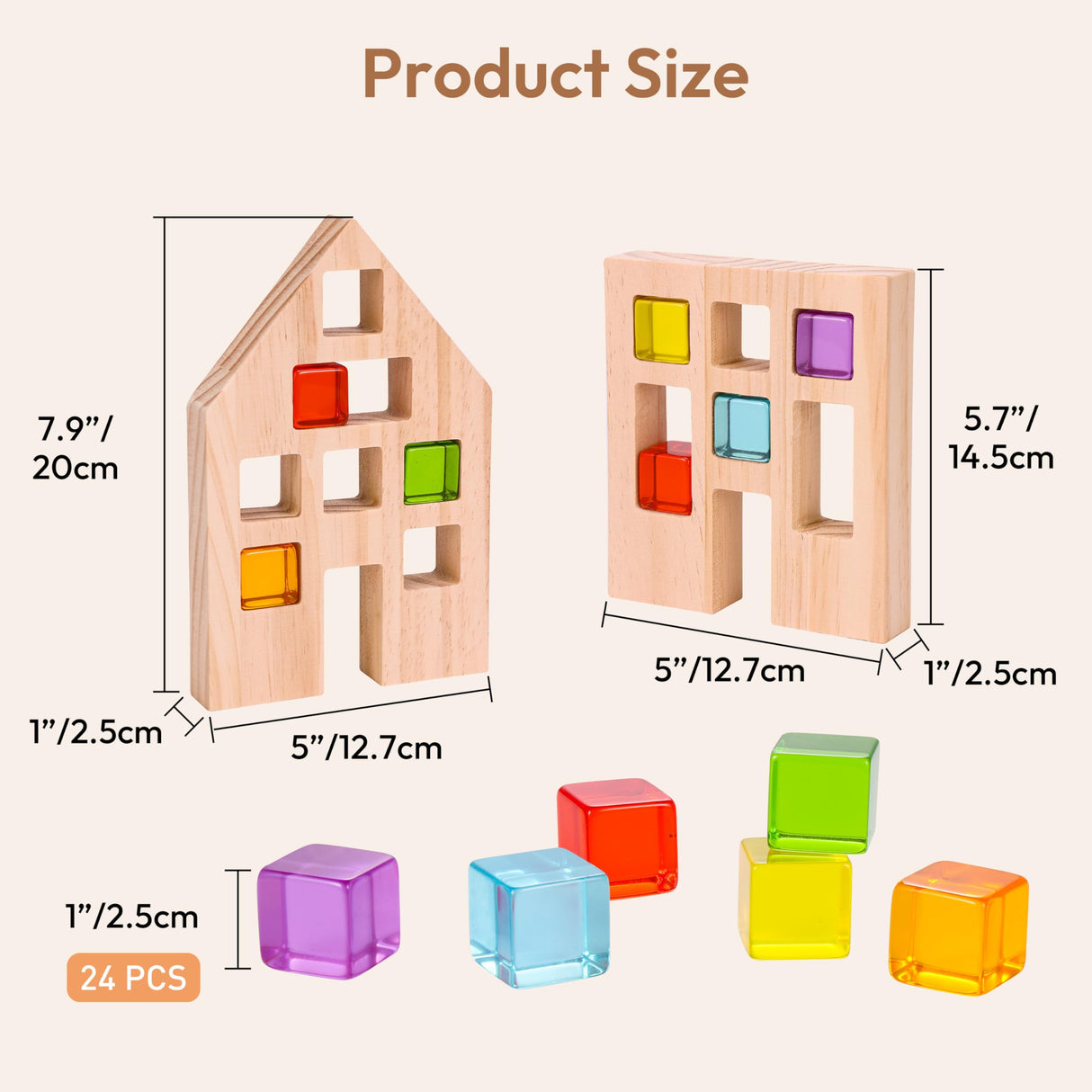 Woodtoe Wooden Building Blocks Set for Kids, 24 PCS Rainbow Gem Cubes Stacking Blocks - 2 Wood House, Montessori Stacking Toy for Toddlers, Educational STEM Birthday Toy for Boys Girls 3-6 Woodtoe