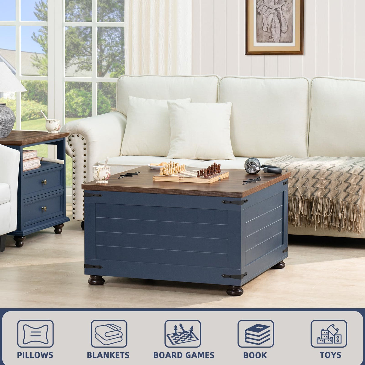 Joaxswe Farmhouse Coffee Table with Hidden Storage, 59 Gallon Square Center Table for Living Room, Rustic Wood Cocktail Tables with Flip-Top Lids, Farm House Tables with Wooden Gourd Feet, Navy Blue Joaxswe