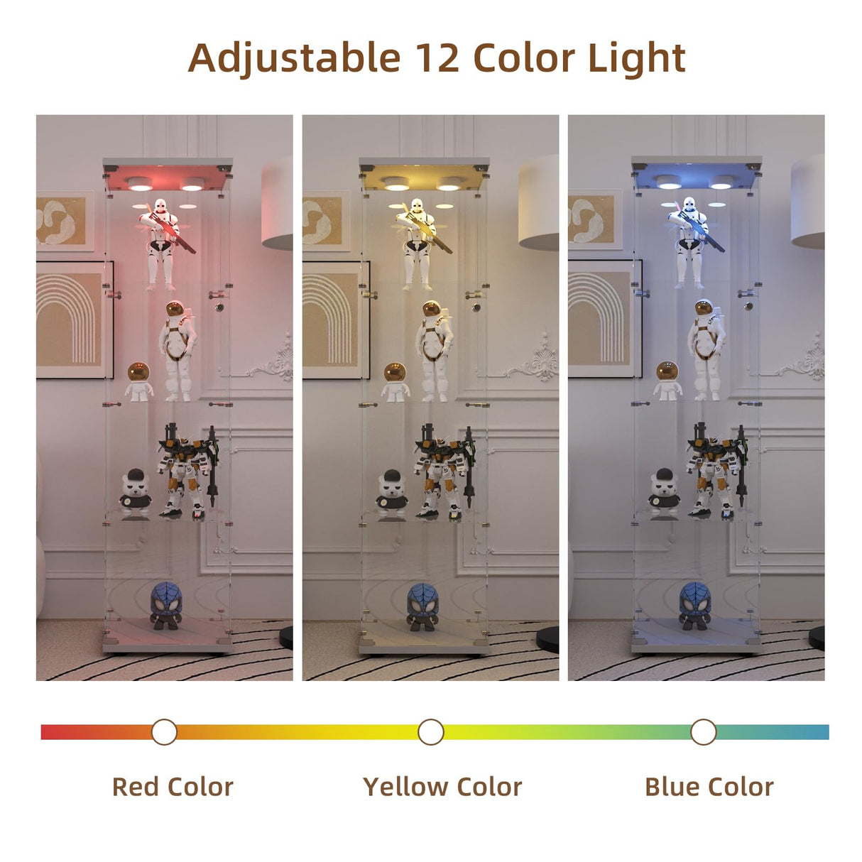 GDJAASJI Glass Display Cabinet with LED Light and Lock, 4-Shelf Curio Cabinets with 5mm Tempered Glass Floor Standing Bookshelf (64" Hx 16.7" W x 14.3" D, White) GDJAASJI