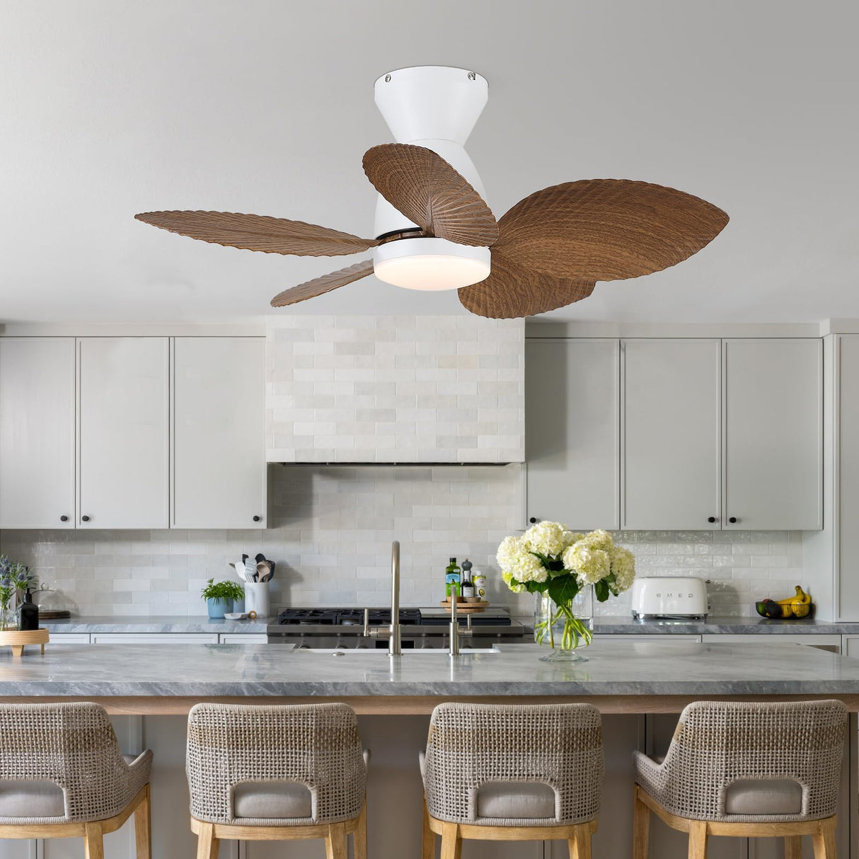 Kviflon 30 Inch Ceiling Fans with Lights, Indoor Outdoor Tropical Ceiling Fan with Remote/APP Control, Flush Mount Palm Leaf Ceiling Fan Light for Bedroom, 6 Speeds, Dimmable - Wood Grain Kviflon